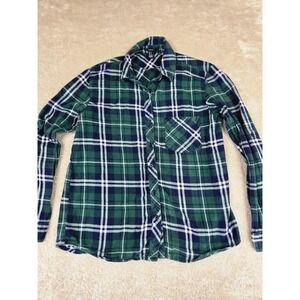 Forever 21 Womens Green Plaid Flannel Button Down Shirt Roll Tab Sleeve Small
